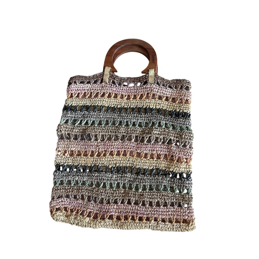 Esprit Multicolor Striped Raffia Tote Bag Wooden Handles